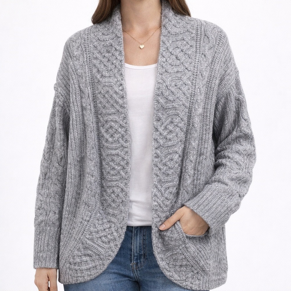 Ophelia Roe Gray Cable Knit Open Front Cardigan Sweater Womens Size Small NWT